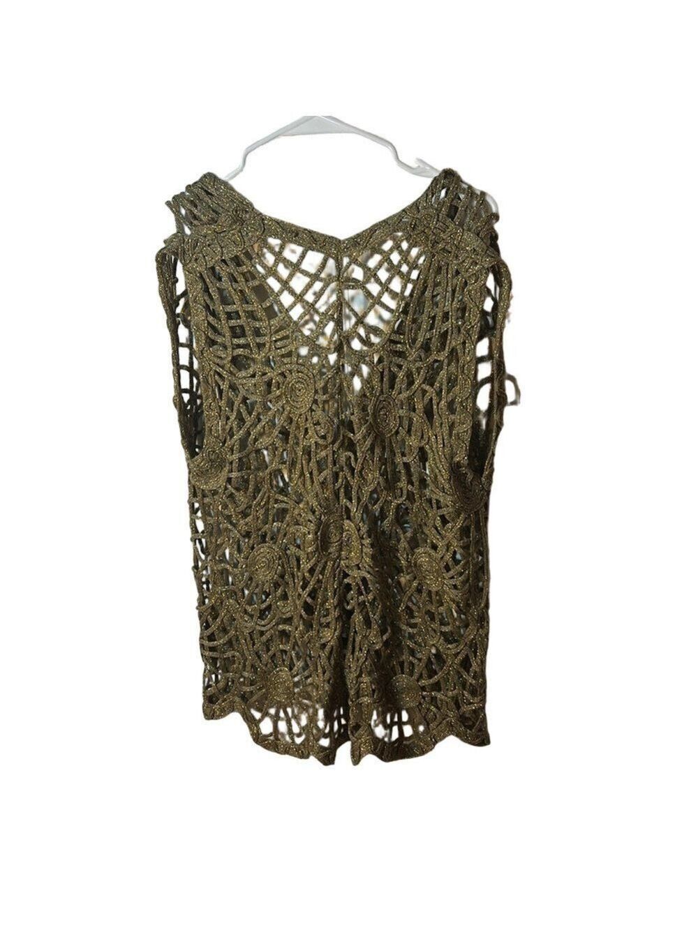 Boho Gold Metallic Crochet Vest Fairycore Sleeveless Lace Open Knit Festival Top - Picture 6 of 6